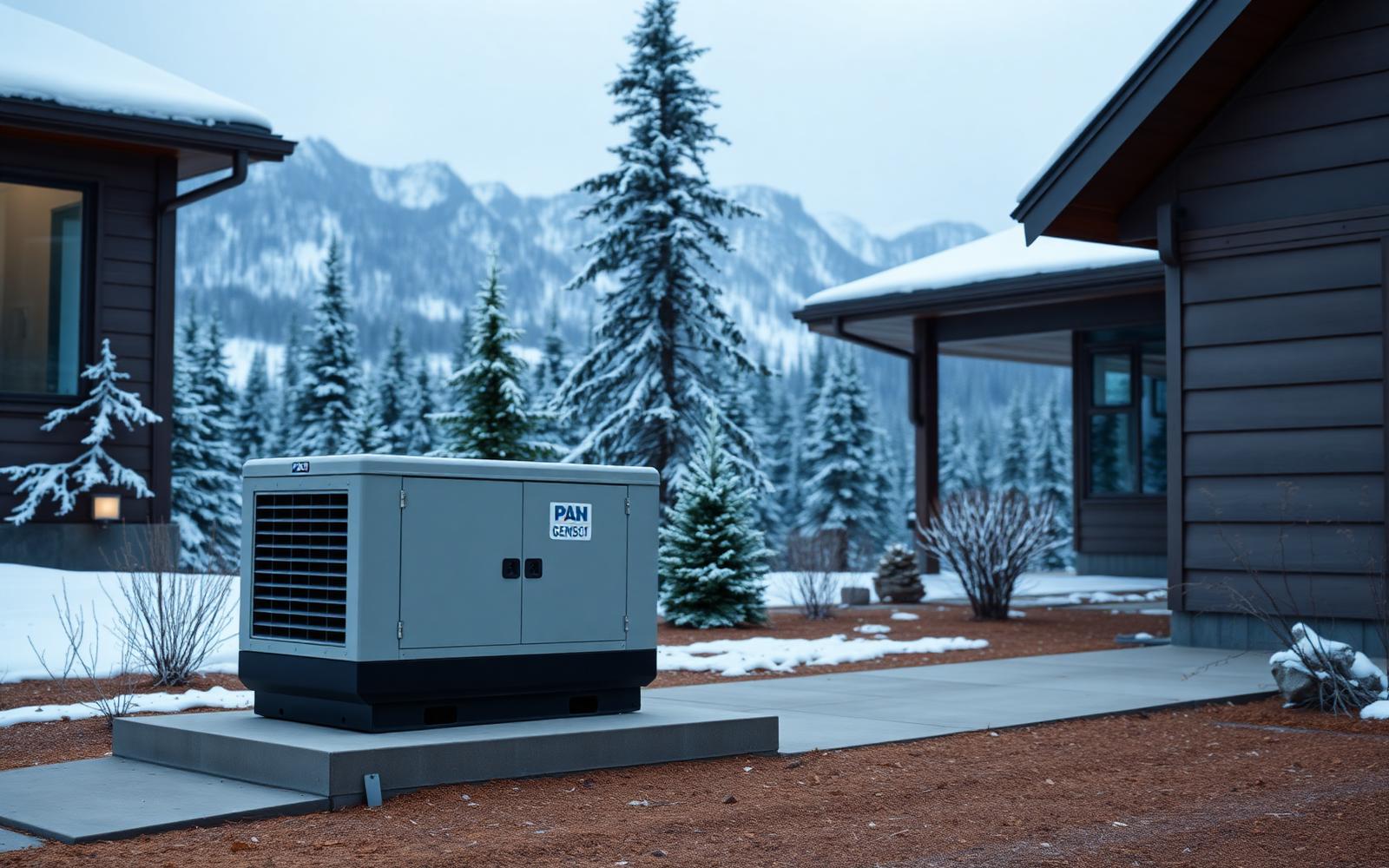 Standby generator installed on a concrete pad beside a Montana home in winter