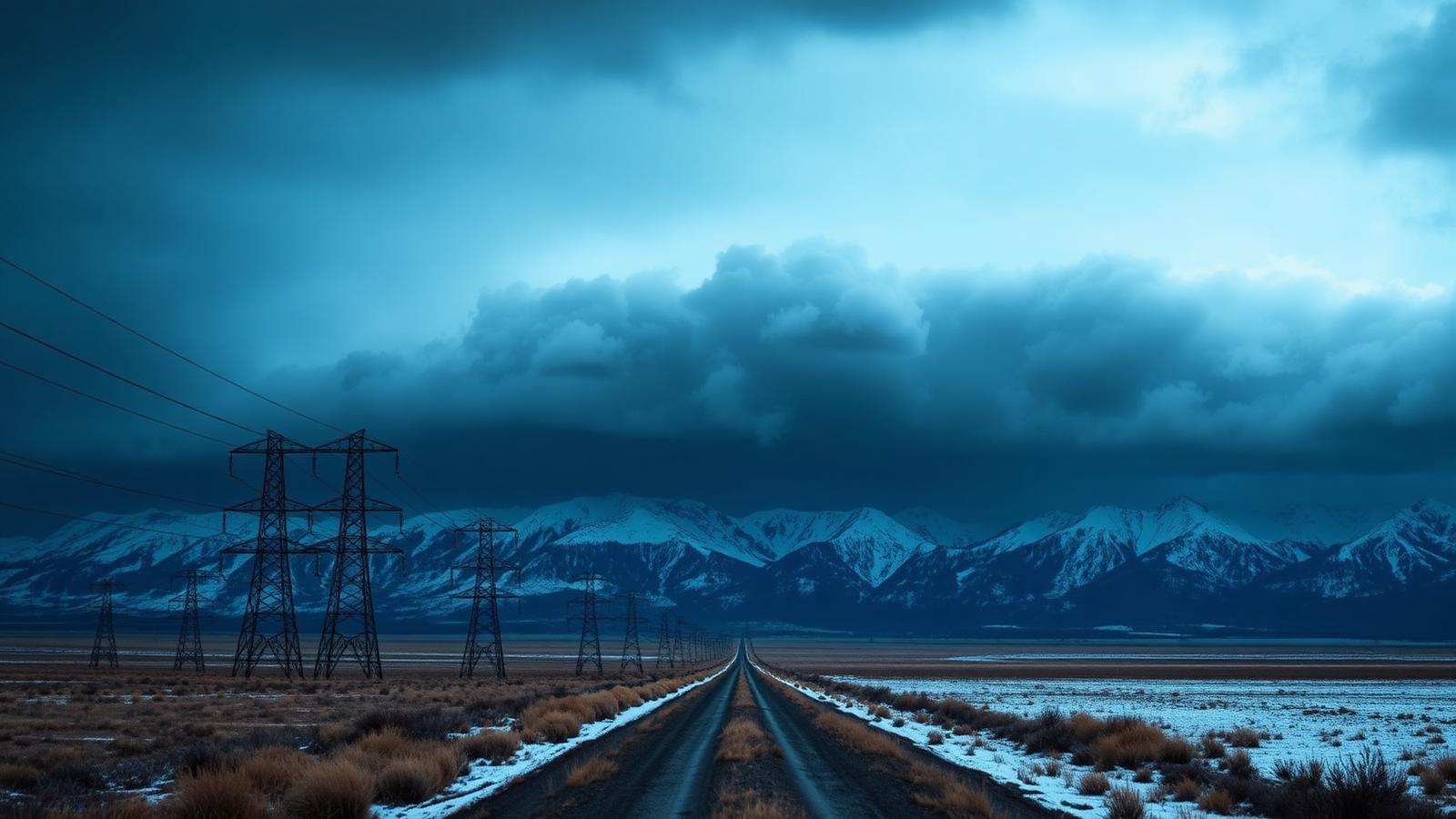Transmission lines across a Montana valley under a heavy storm sky