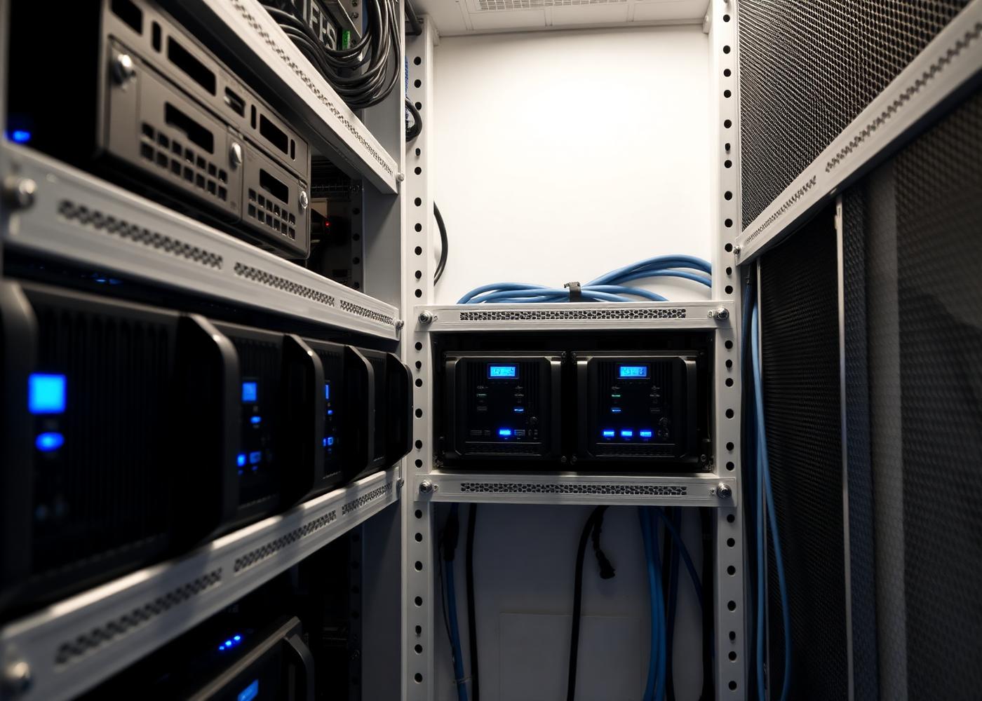 Battery UPS units installed in a rack alongside distribution equipment